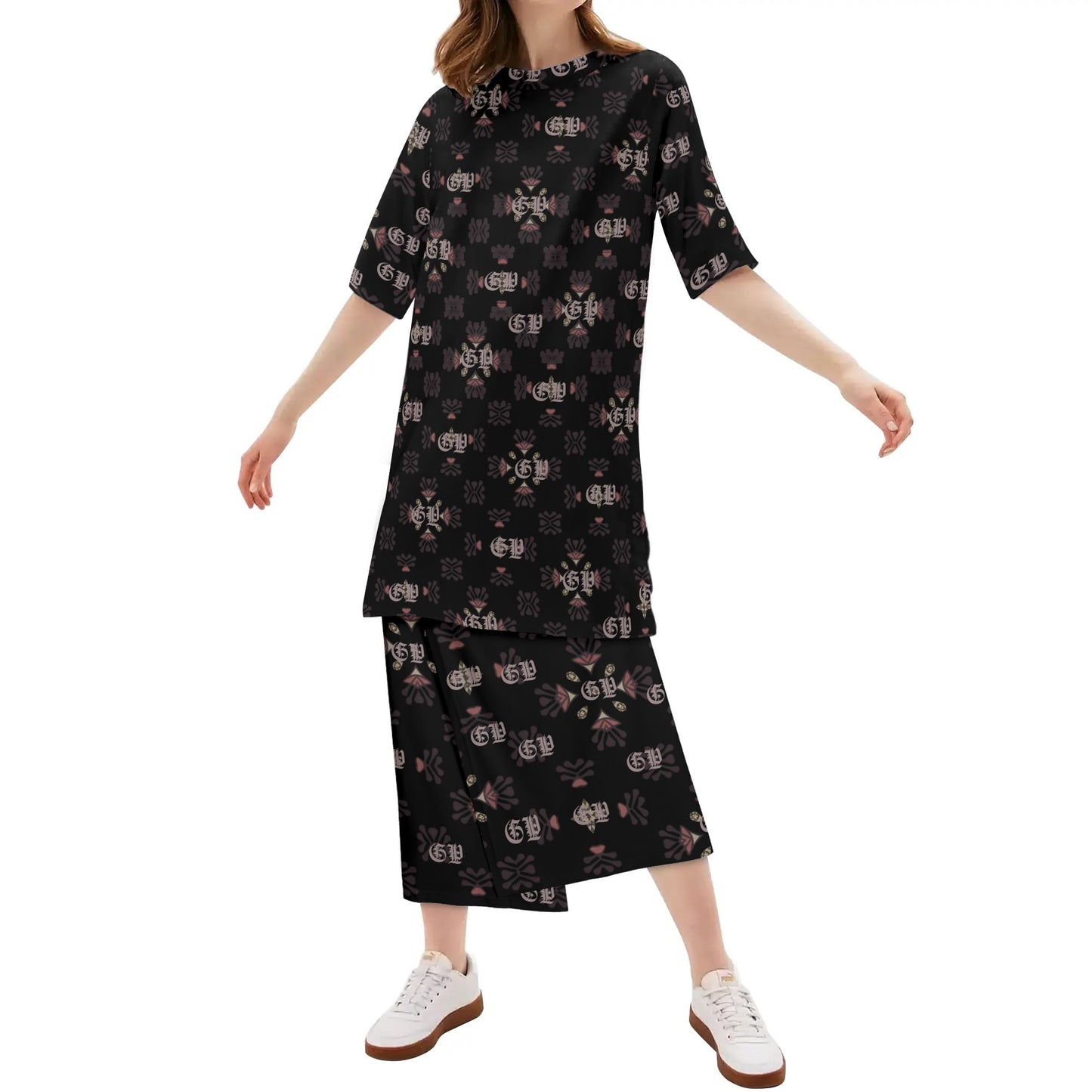 Ensemble deux pièces léger oversize t-shirt à manches mi-longues et jupe midi pour femme